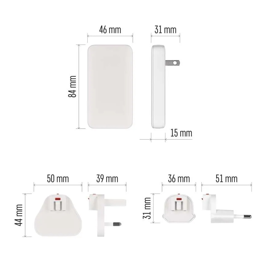 Adattatore da viaggio USB GaN con spine intercambiabili 100-250V