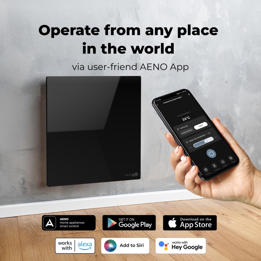 AENO - Pannello a infrarossi elettrico intelligente 500W con timer/termostato Wi-Fi, nero