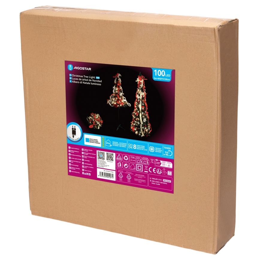 Aigostar - Albero di Natale LED da esterno 100 LED 1,5 m IP44 rosso, bianco freddo