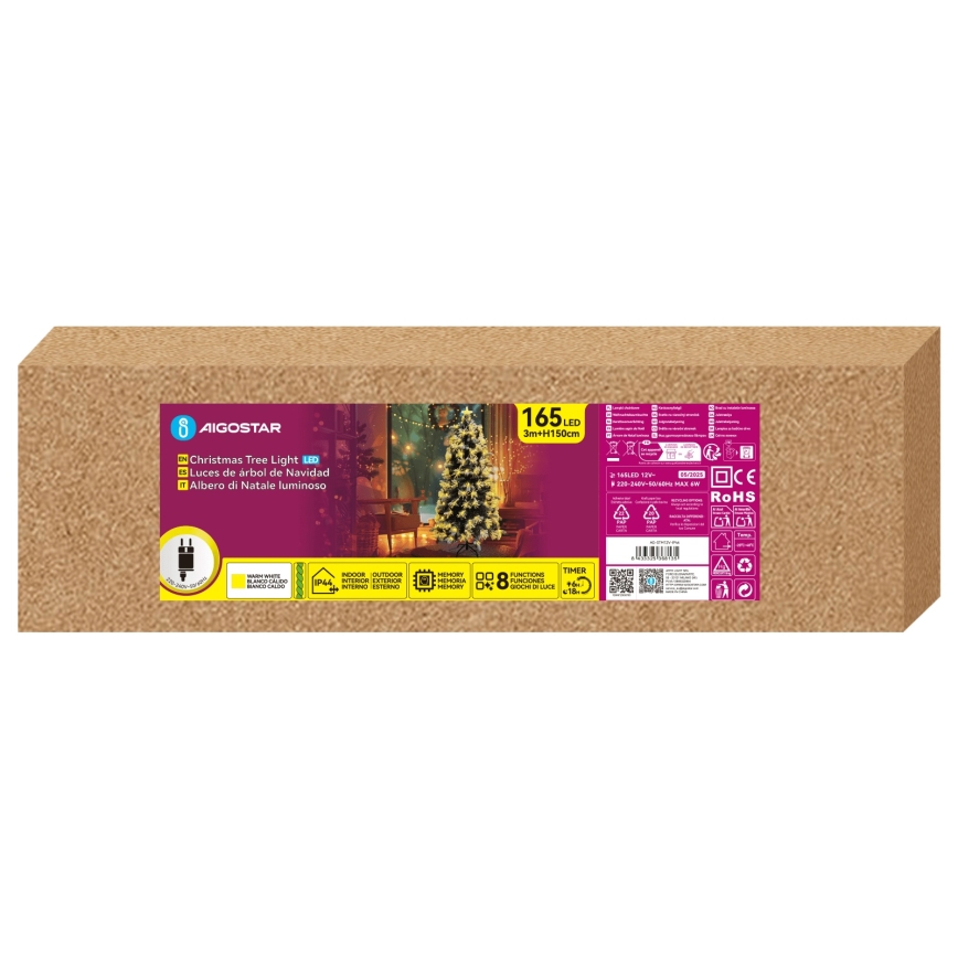 Aigostar - Albero di Natale LED da esterno, 165 LED, 8 funzioni, 1,5 m, IP44, bianco caldo