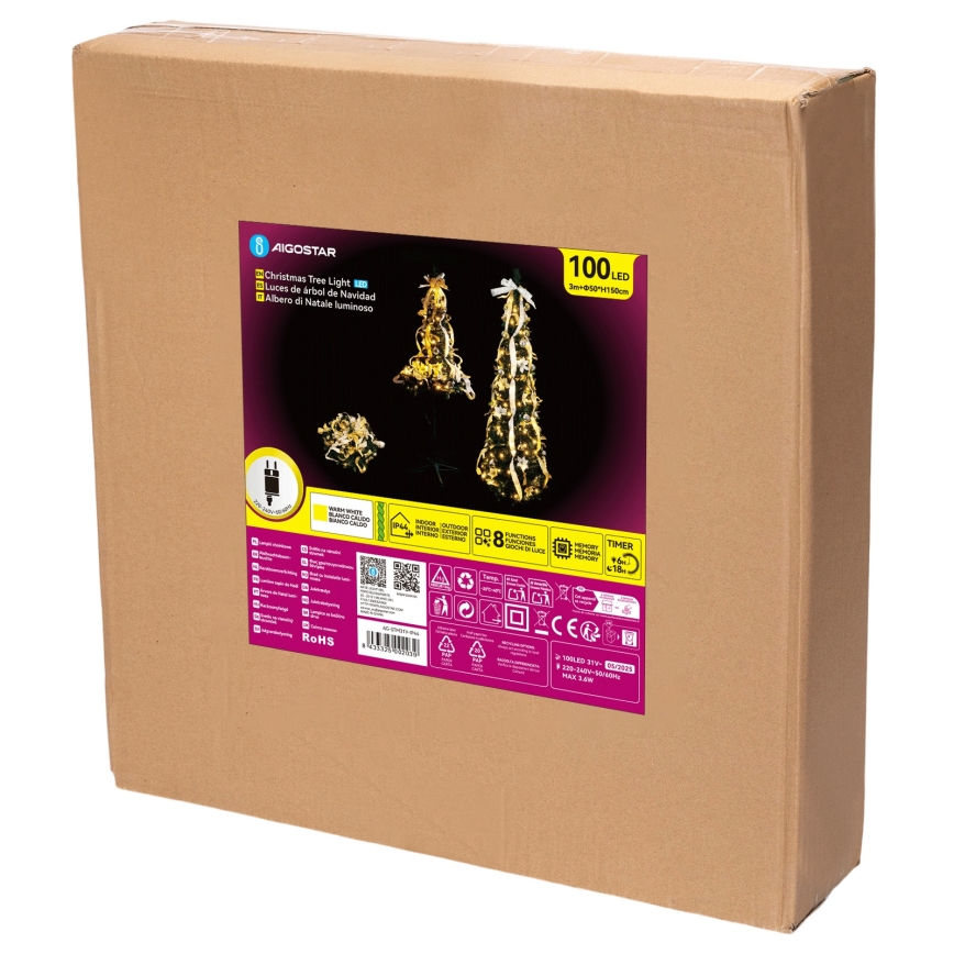 Aigostar - Albero di Natale da esterno a LED 100xLED 1,5m IP44 bianco/oro luce bianca calda