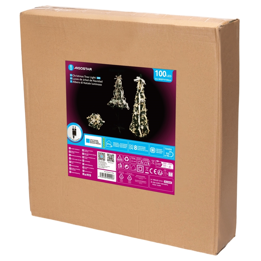 Aigostar - Albero di Natale LED da esterno 100xLED 1,5m IP44 bianco/oro, bianco freddo