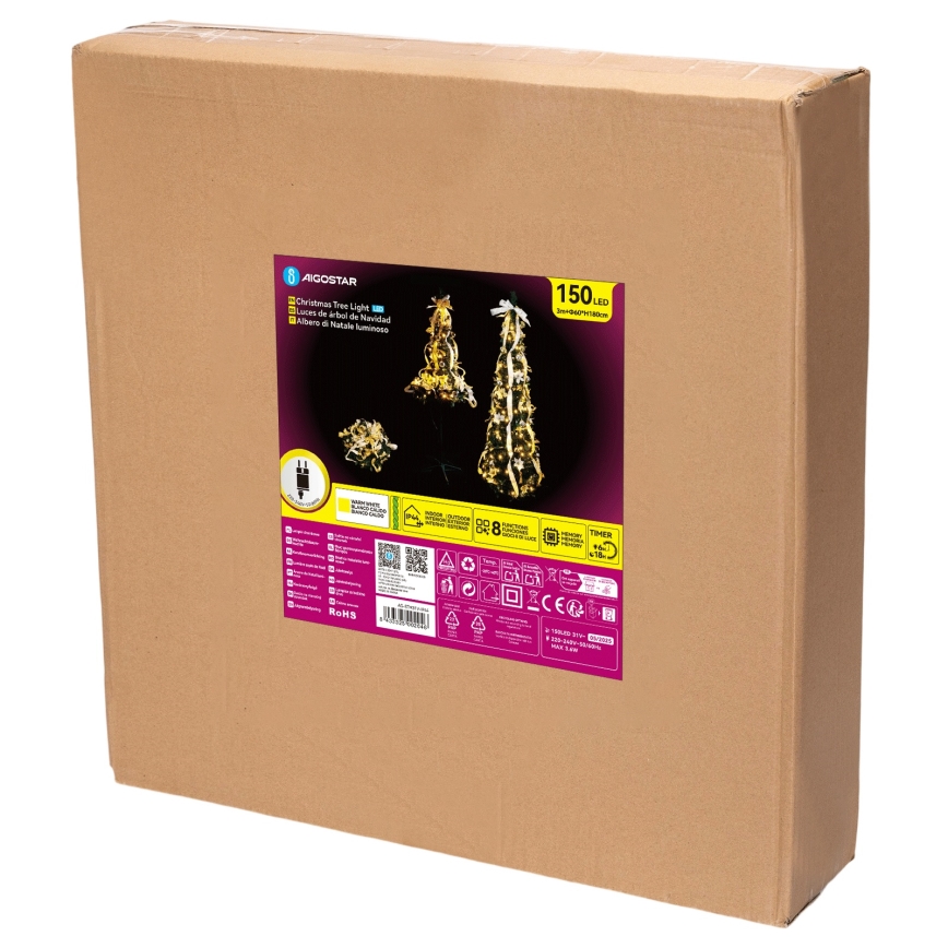 Aigostar - Albero di Natale LED per esterni 150 LED 1,8 m IP44 bianco/oro, bianco caldo