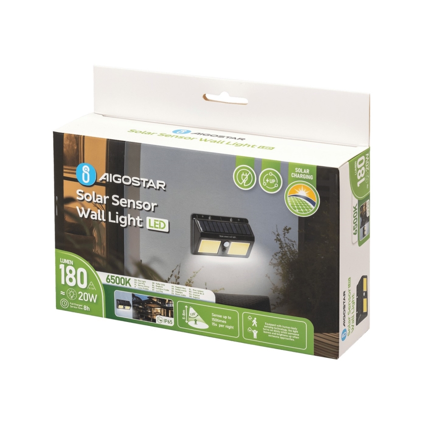Aigostar - Applique a LED solare con sensore LED/20W/5,5V 2400 mAh 6500K IP65