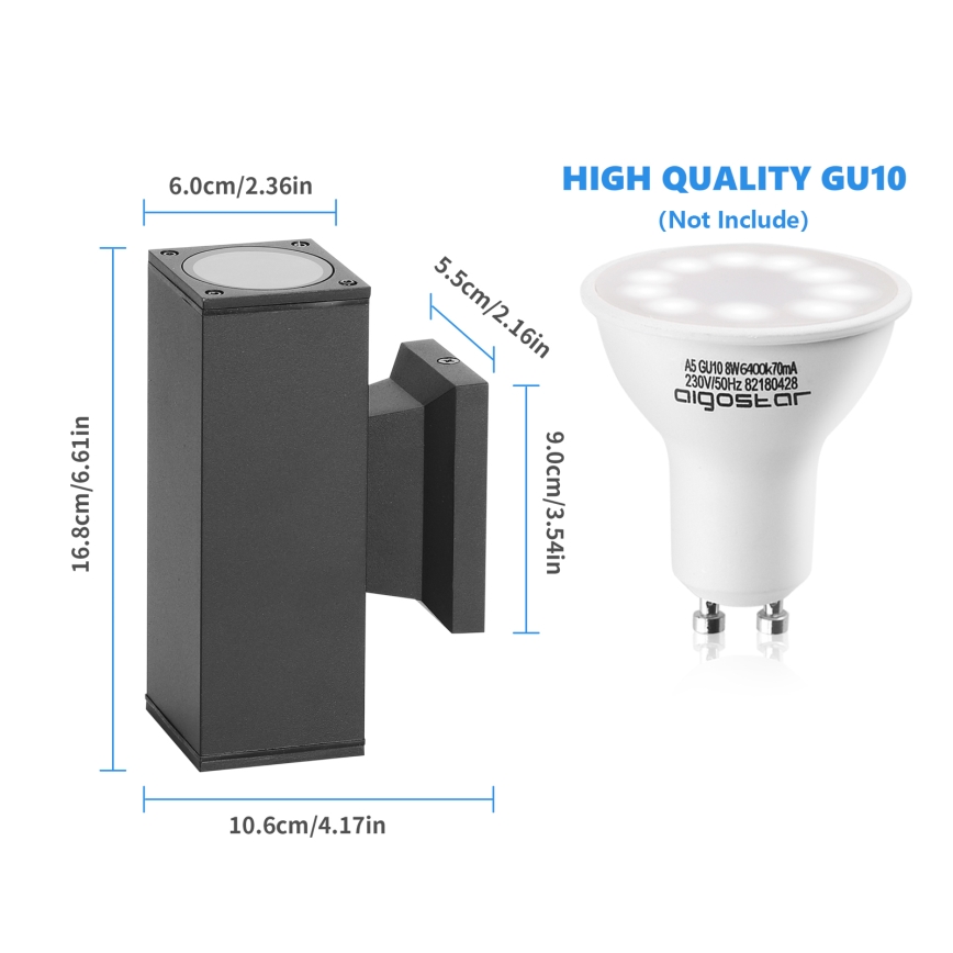 Aigostar - Applique da esterno 2xGU10/230V nero IP65 quadrato