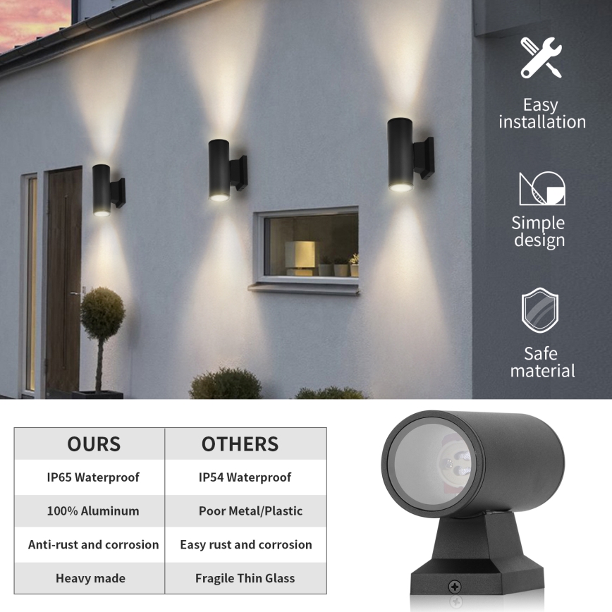 Aigostar - Applique da esterno 2xGU10/35W/230V nera IP65 rotonda
