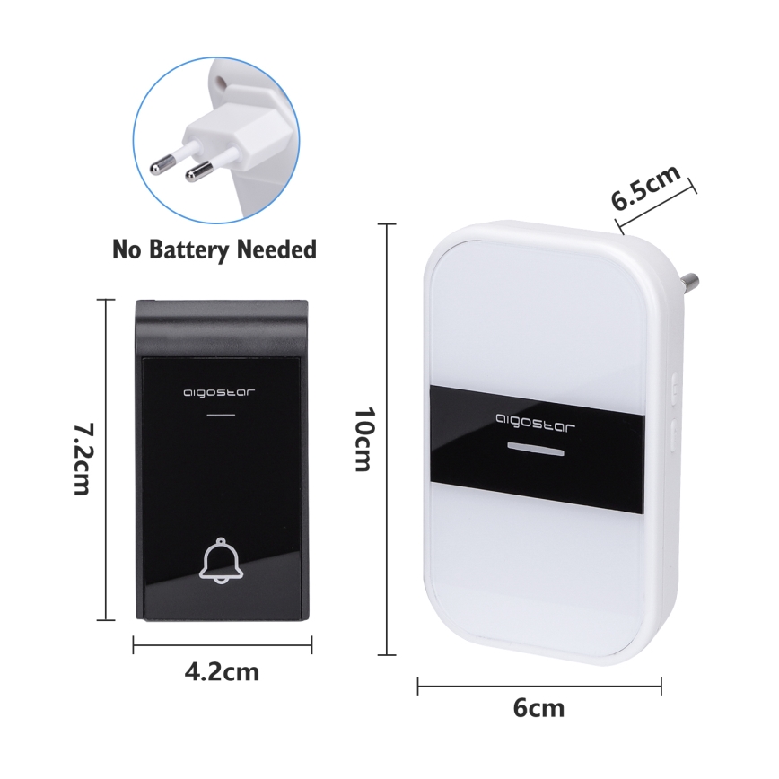 Aigostar - Campanello wireless con spina integrata 230V/12V IP44 bianco/nero