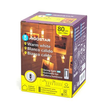 Aigostar - Catena decorativa a LED 80xLED/5W/USB 13 m bianco caldo