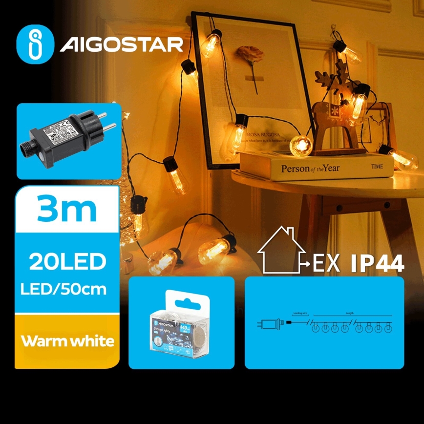 Aigostar - Catena decorativa da esterno LED 20xLED/3m IP44 bianco caldo