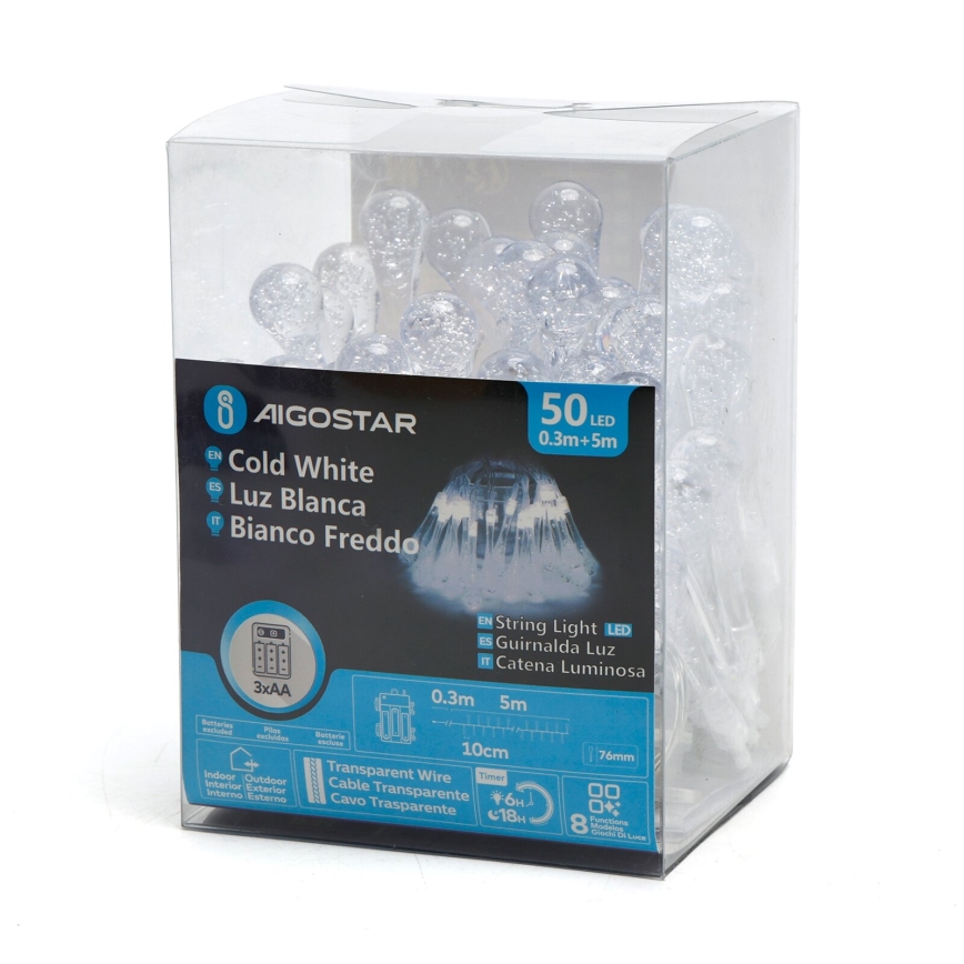 Aigostar - Catena decorativa da esterno LED 50xLED/8 funzioni/3xAA 5,3m IP44 bianco freddo