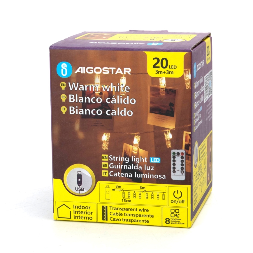 Aigostar - Catena decorativa LED 20xLED/5W/USB 6 m bianco caldo