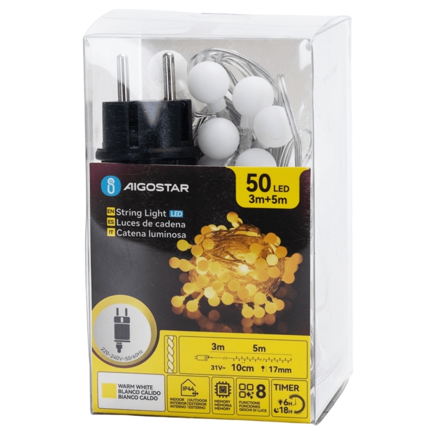 Aigostar - Catena luminosa LED da esterno, 50 LED/8 funzioni, 5 m, IP44, bianco caldo