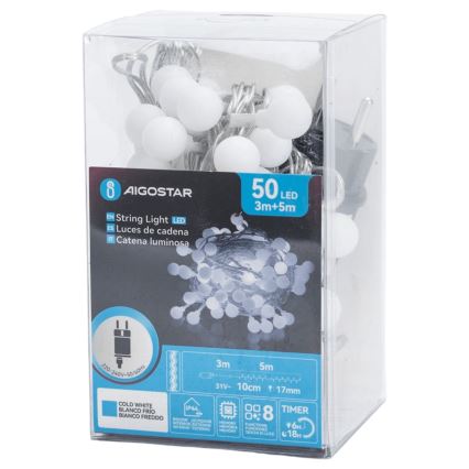 Aigostar - Catena luminosa decorativa LED per esterni 50xLED/8 funzioni 5 m IP44 bianco freddo