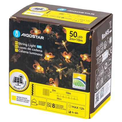 Aigostar - Catena decorativa solare a LED 50xLED/8 funzioni 10 m 800 mAh IP65 bianco caldo