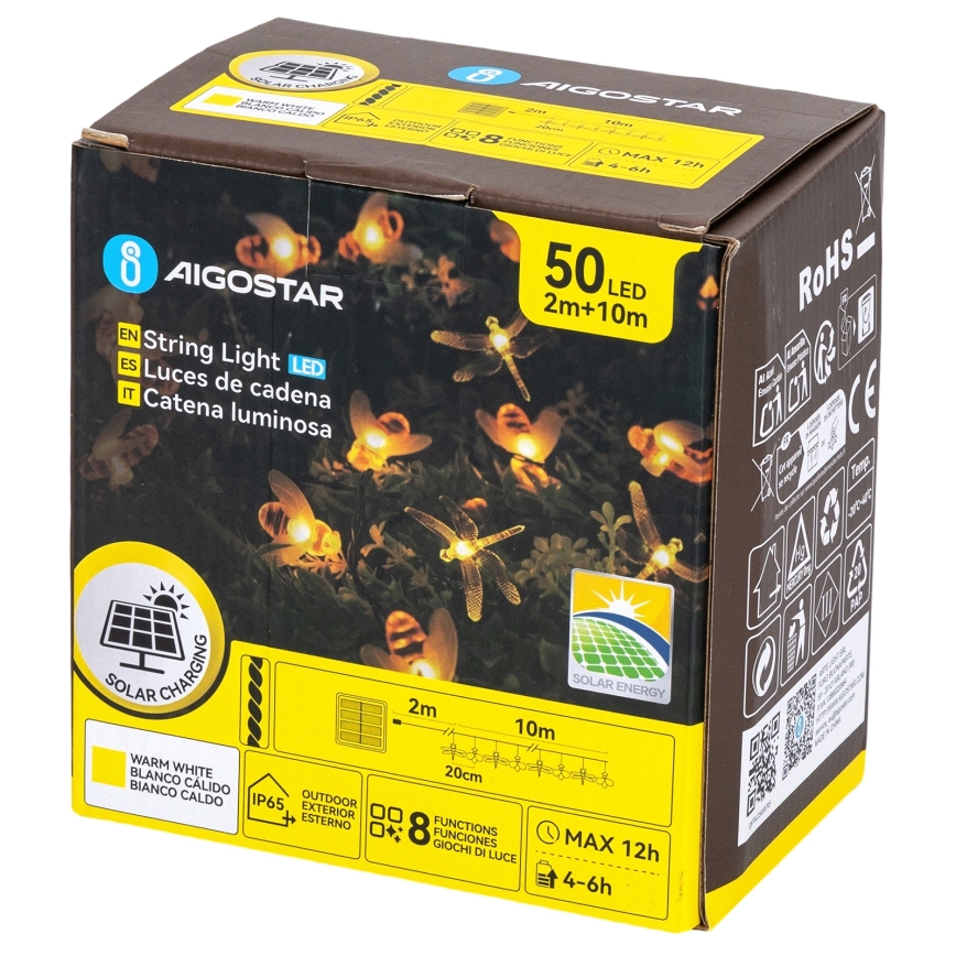 Aigostar - Catena decorativa solare a LED 50xLED/8 funzioni 10 m 800 mAh IP65 bianco caldo