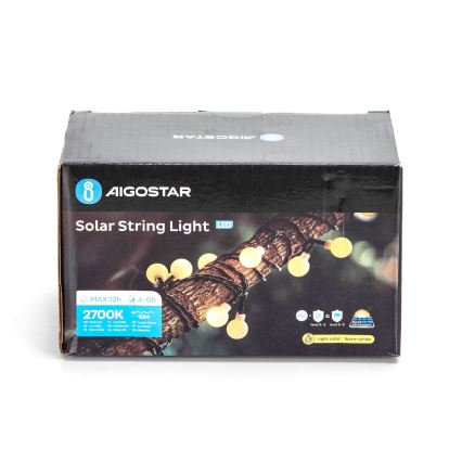 Aigostar - Catena decorativa solare a LED 50xLED/8 funzioni 12m IP65 bianco caldo