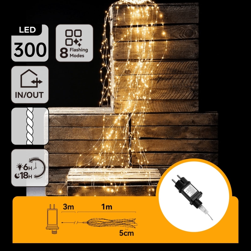 Aigostar - Catena di luci LED da esterno per Natale 300 LED / 8 funzioni 4 m IP44 bianco caldo