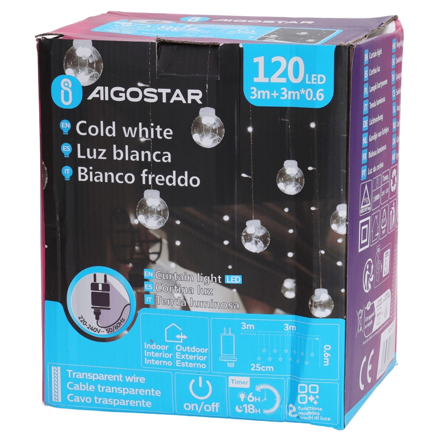 Aigostar - Catena luminosa natalizia da esterno LED 120xLED/8 funzioni 3x0,6m IP44 bianco freddo + telecomando