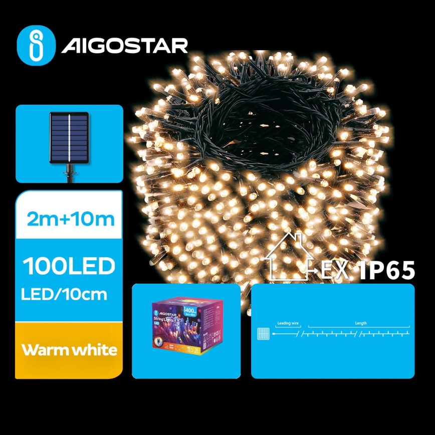 Aigostar - Catena di Natale solare a LED 100xLED/8 funzioni 12m IP65 bianco caldo 800 mAh