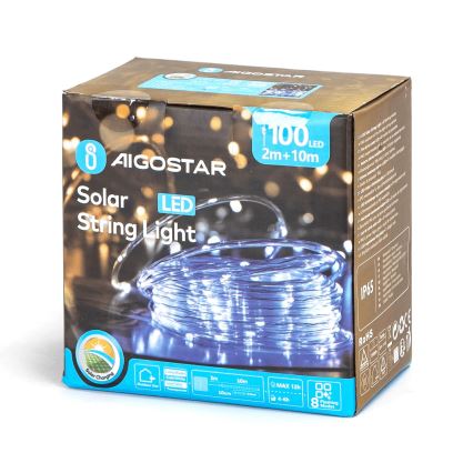 Aigostar - Catena di Natale solare a LED 100xLED/8 funzioni 12m IP65 bianco freddo