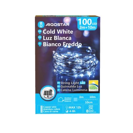 Aigostar - Catena di Natale solare a LED 100xLED/8 funzioni 12m IP65 bianco freddo