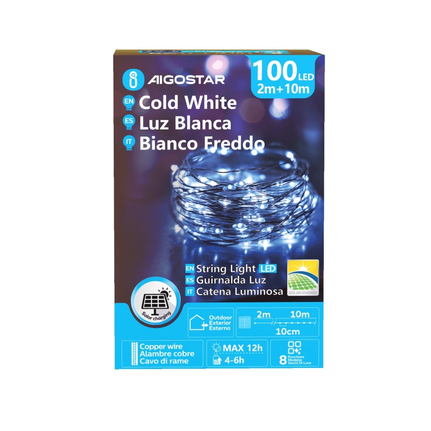 Aigostar - Catena di Natale solare a LED 100xLED/8 funzioni 12m IP65 bianco freddo