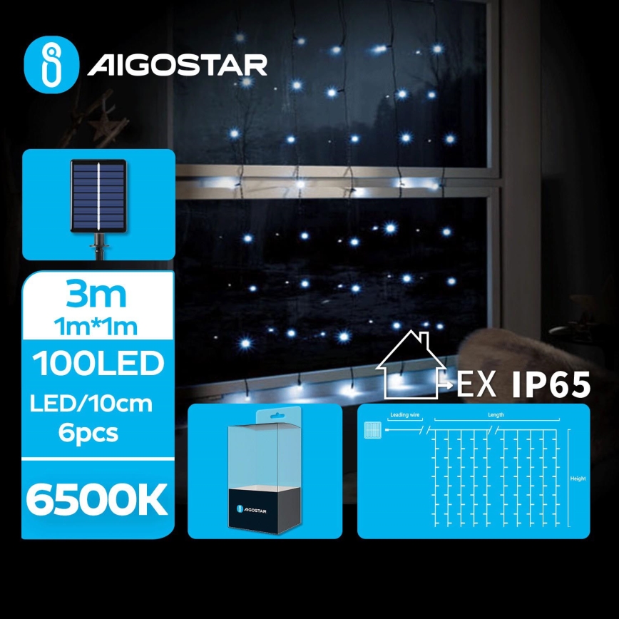 Aigostar - Catena di Natale solare a LED 100xLED/8 funzioni 4x1m 800 mAh IP65 bianco freddo