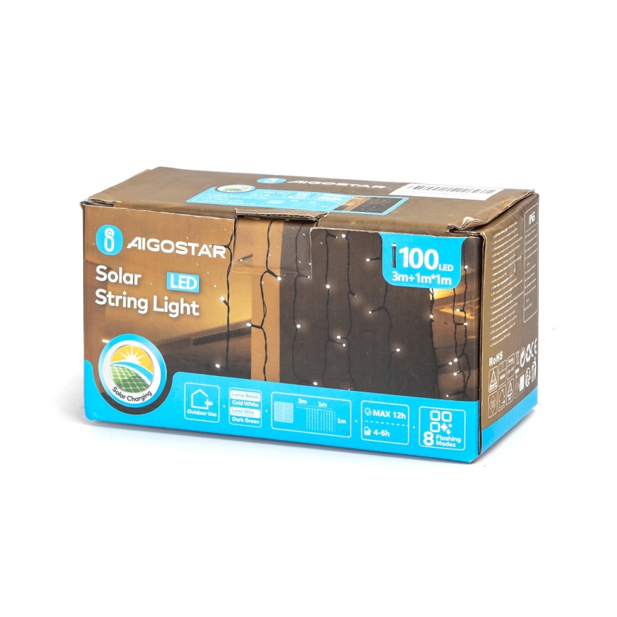 Aigostar - Catena di Natale solare a LED 100xLED/8 funzioni 4x1m 800 mAh IP65 bianco freddo