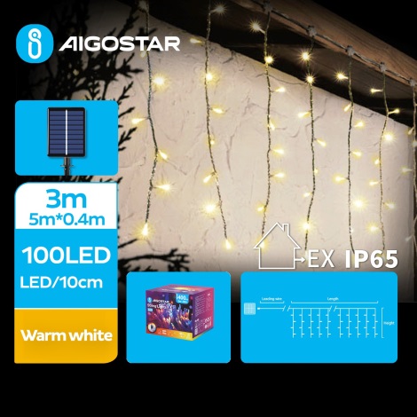 Aigostar - Catena di Natale solare a LED 100xLED/8 funzioni 8x0,4m IP65 bianco caldo