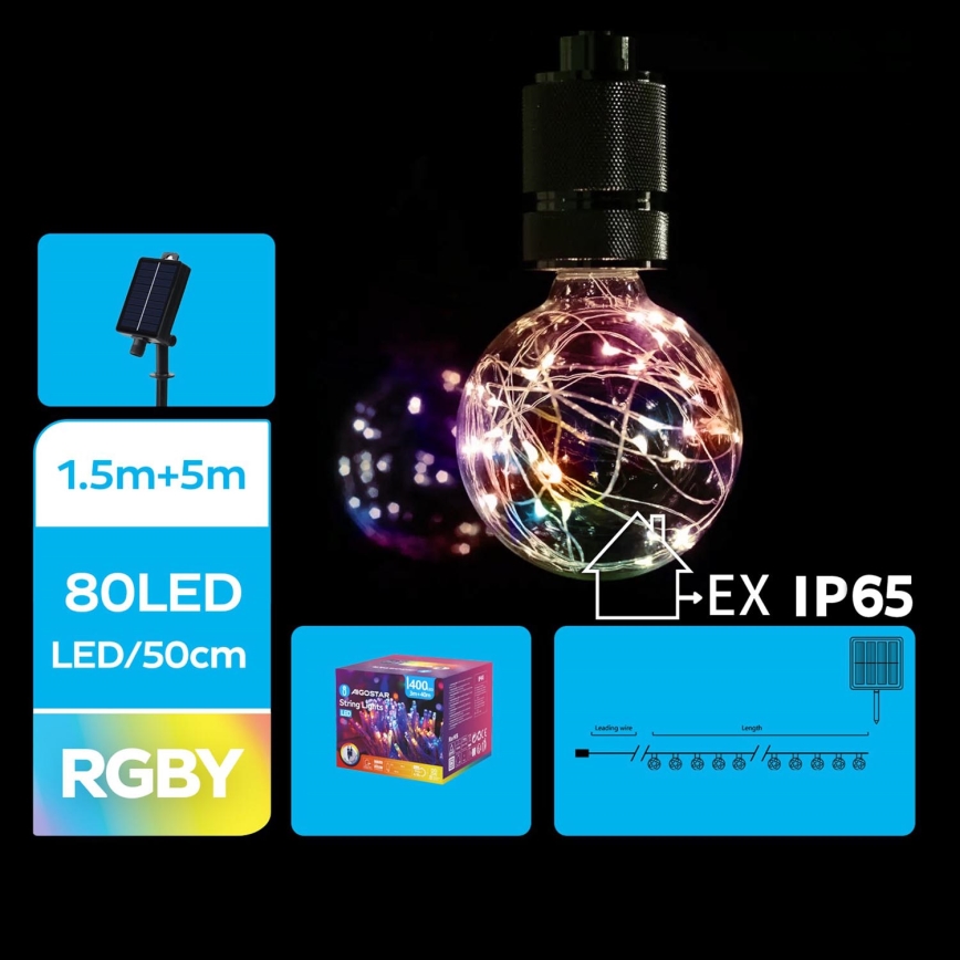 Aigostar - Catena di Natale solare a LED 10xLED/8 funzioni 6,5m IP65 500 mAh multicolore