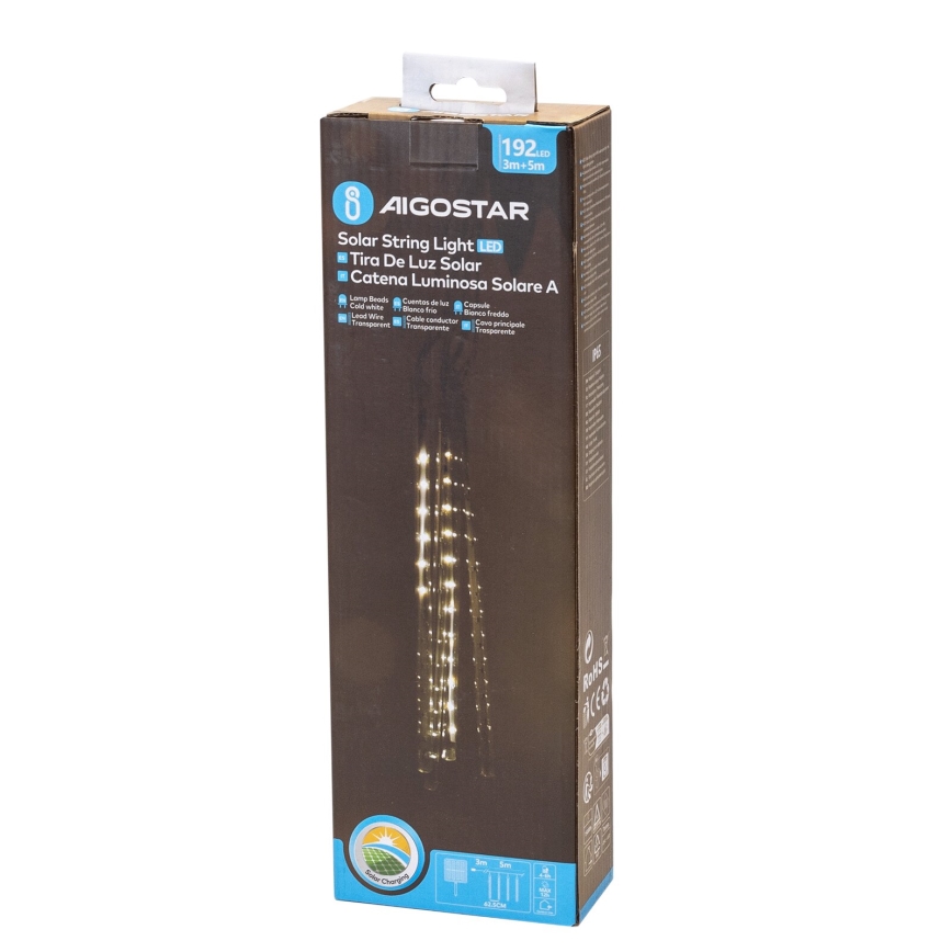 Aigostar - Catena di Natale solare a LED 192xLED/8m IP65 1200 mAh bianco freddo