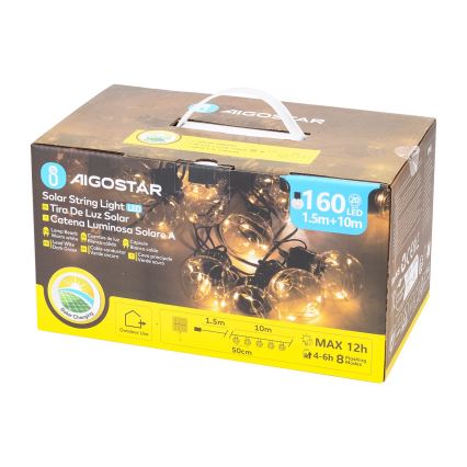 Aigostar - Catena di Natale solare a LED 20xLED/8 funzioni 11,5m IP65 bianco caldo