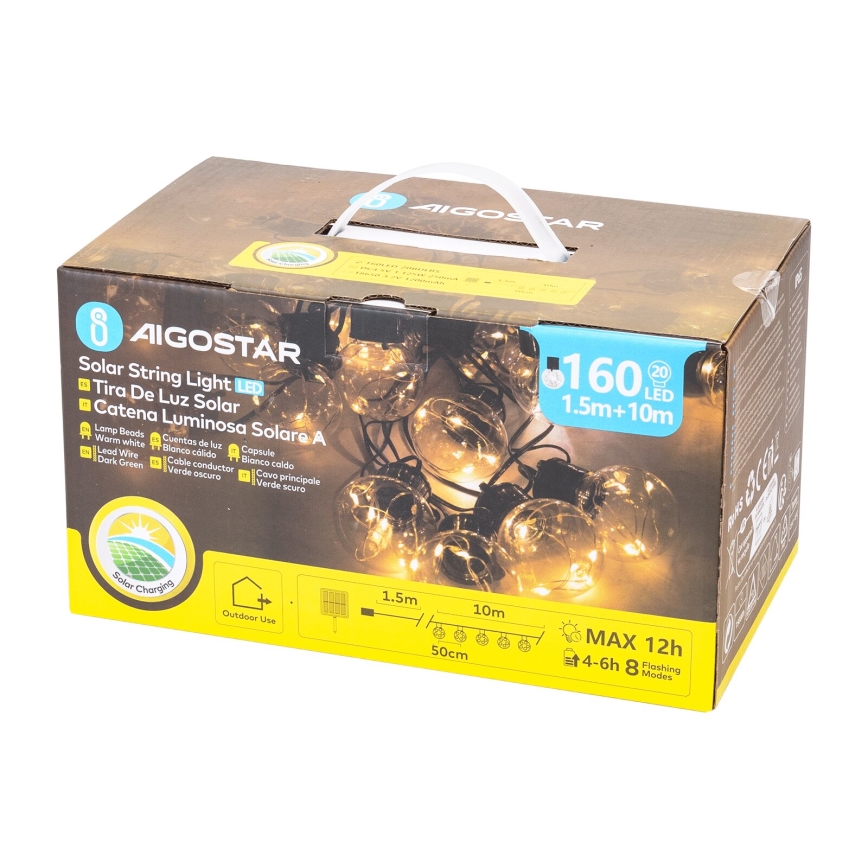 Aigostar - Catena di Natale solare a LED 20xLED/8 funzioni 11,5m IP65 bianco caldo