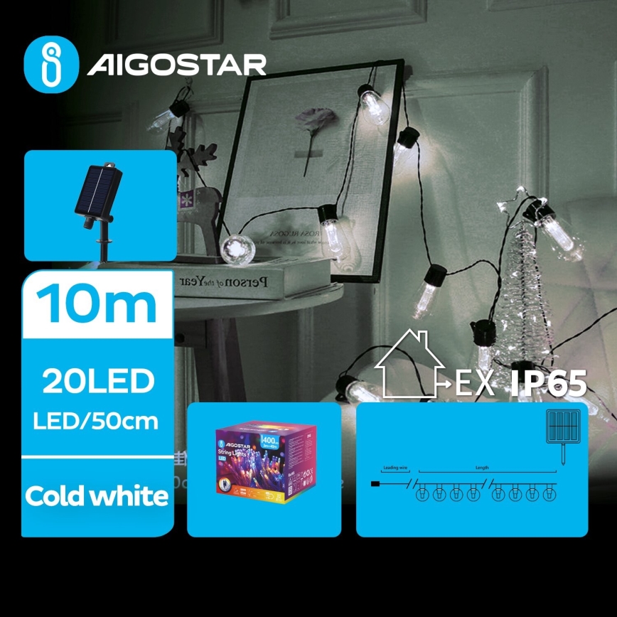 Aigostar - Catena di Natale solare a LED 20xLED/8 funzioni 11,5m IP65 bianco freddo