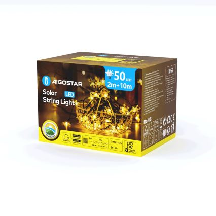 Aigostar - Catena di Natale solare a LED 50xLED/8 funzioni 12m 800mAh IP65 bianco caldo