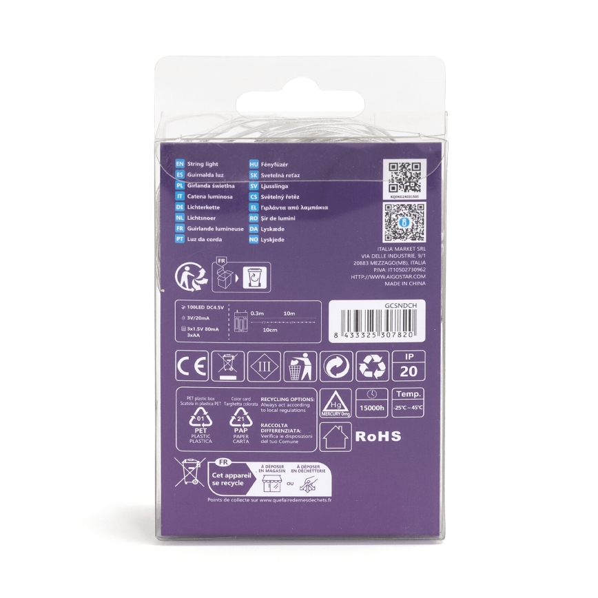 Aigostar - Catena LED 100xLED/3xAA 10,3m bianco caldo