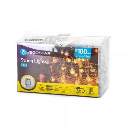 Aigostar - Catena LED natalizia da esterno 100xLED/3xAA/8 funzioni 10,3 m IP44 bianco caldo