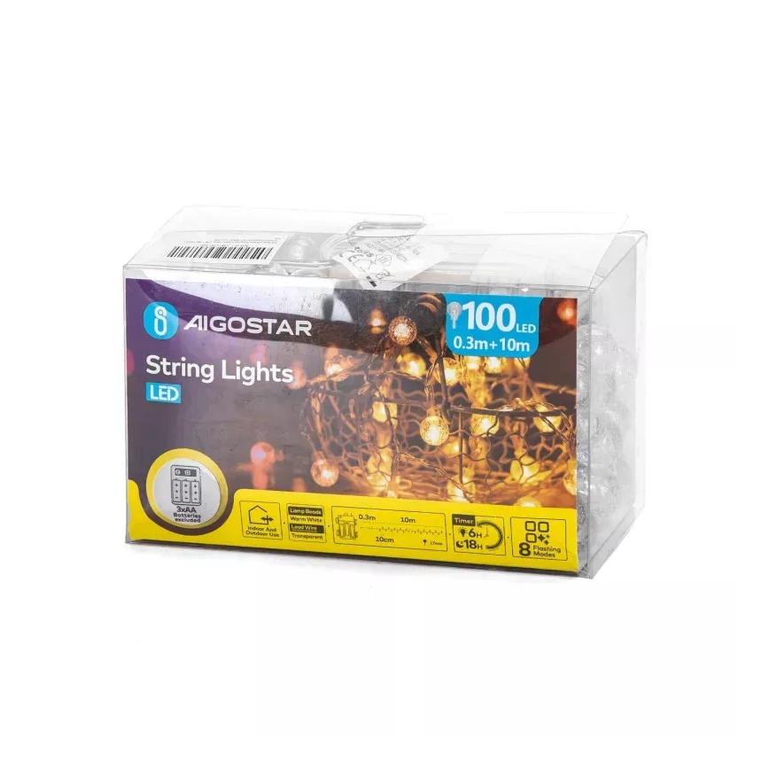 Aigostar - Catena LED natalizia da esterno 100xLED/3xAA/8 funzioni 10,3 m IP44 bianco caldo