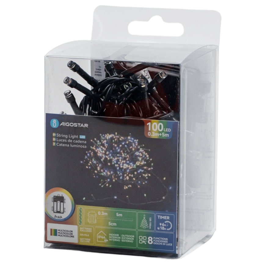 Aigostar - Catena luminosa LED da esterno, 100 LED, 8 funzioni, alimentazione 3x AA, 5,3 m, IP44, multicolore