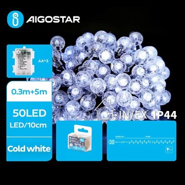 Aigostar - Catena LED da esterno 50xLED/3xAA/8 funzioni 5,3 m IP44 bianco freddo