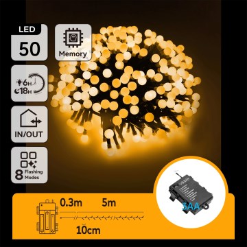 Aigostar - Catena LED da esterno 50xLED/8 funzioni, 3xAA, 5,3 m, IP44, bianco caldo