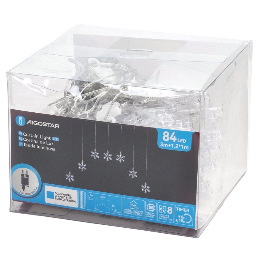 Aigostar - Catena luminosa LED per esterni 84xLED/8 funzioni 1,2x1m IP44 bianco freddo con fiocchi di neve