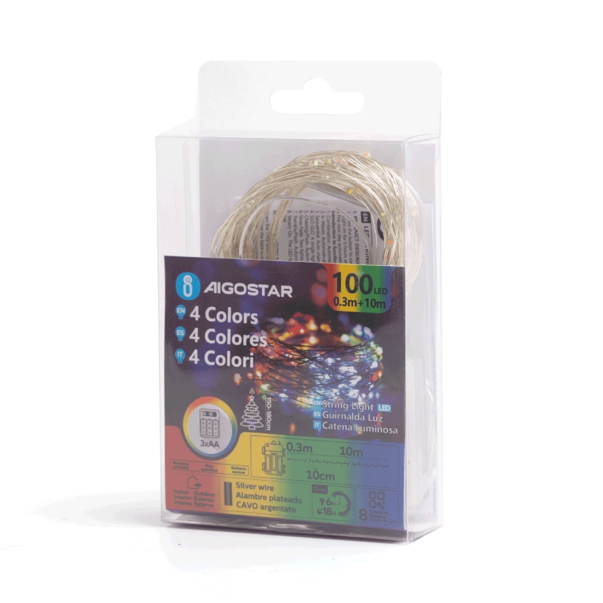 Aigostar - Catena luminosa LED da esterno 100xLED/8 funzioni/3xAA 10,3m IP44 multicolore