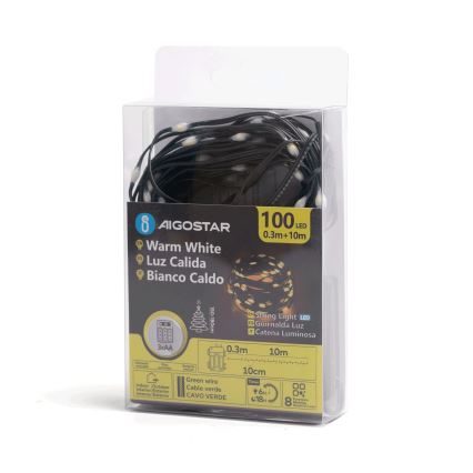 Aigostar - Catena luminosa LED da esterno 100xLED/8 funzioni 3xAA 10,3m IP44 bianco caldo
