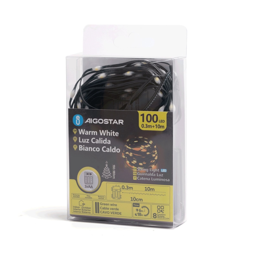 Aigostar - Catena luminosa LED da esterno 100xLED/8 funzioni 3xAA 10,3m IP44 bianco caldo