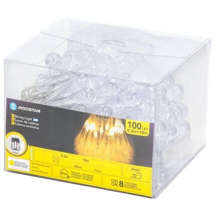 Aigostar - Catena luminosa natalizia LED da esterno, 100 LED, 8 funzioni, 3xAA, 10 m, IP44, bianco caldo, lampadine a goccia