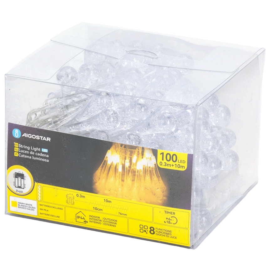 Aigostar - Catena luminosa natalizia LED da esterno, 100 LED, 8 funzioni, 3xAA, 10 m, IP44, bianco caldo, lampadine a goccia