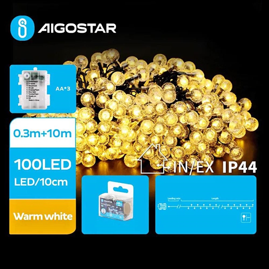 Aigostar - Catena LED natalizia da esterno 100xLED/3xAA/8 funzioni 10,3 m IP44 bianco caldo
