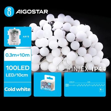 Aigostar - Catena LED natalizia da esterno 100xLED/3xAA/8 funzioni 10,3 m IP44 bianco freddo