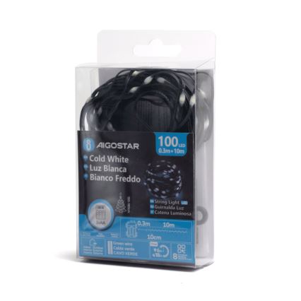 Aigostar - Catena LED natalizia da esterno 100xLED/8 funzioni/3xAA 10,3m IP44 bianco freddo